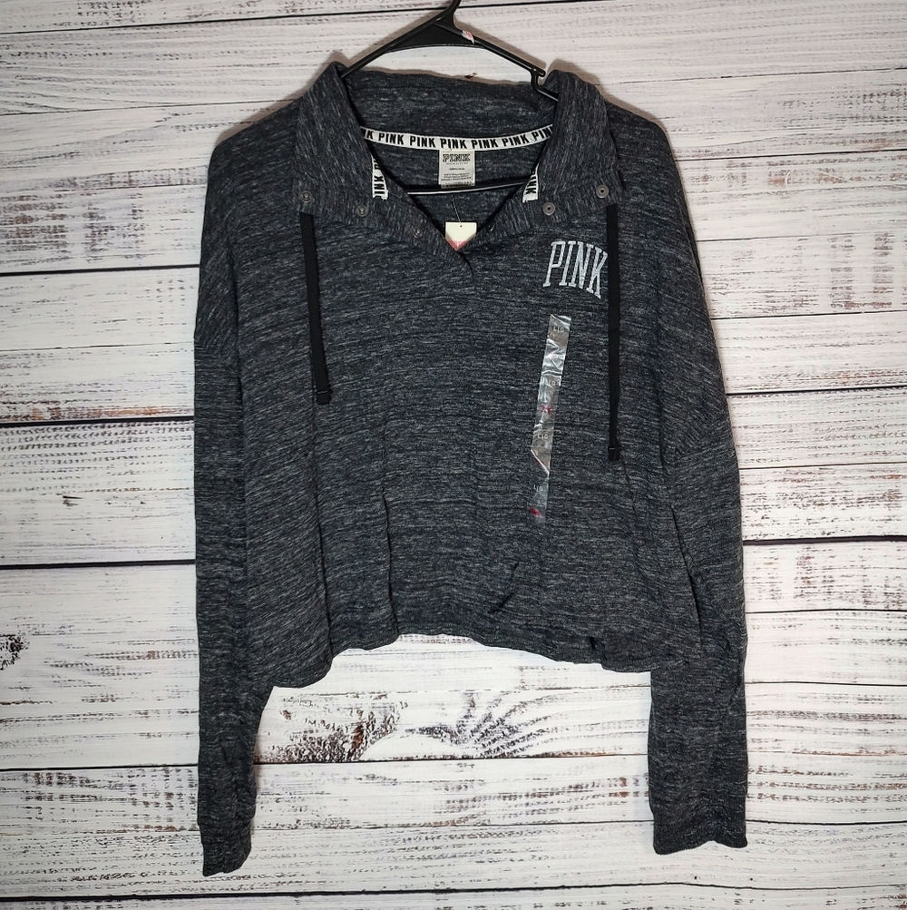 NWT VS PINK Cropped Quarter Snap Pullover Sweatshirt Large Gray